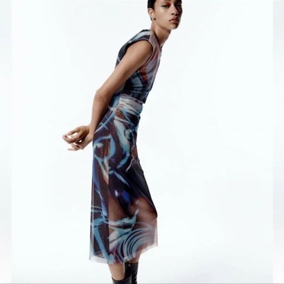 Zara blue blend PRINTED TULLE DRESS ZARA - Picture 9 of 16